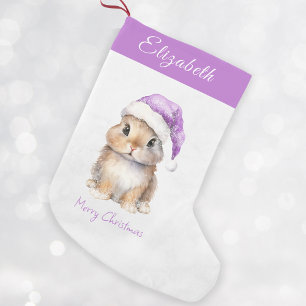  Bunny in Purple Santa's Hat Personalised  Small Christmas Stocking