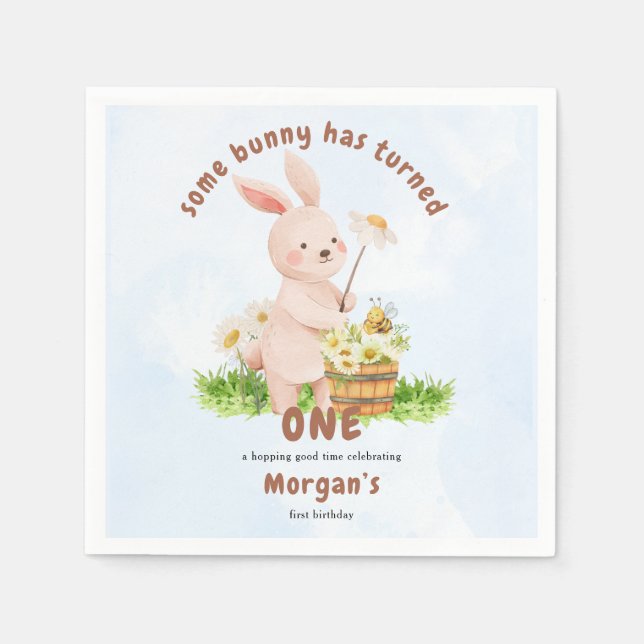 Bunny Is Turning One Cute Baby Rabbit 1st Birthday Napkin (Front)