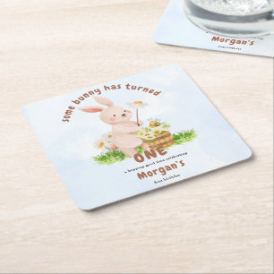 Bunny Is Turning One Cute Baby Rabbit 1st Birthday Square Paper Coaster