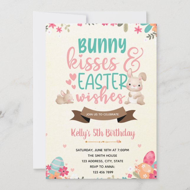 Bunny kisses and easter wishes invitation (Front)