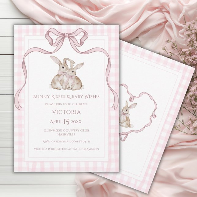 Bunny Kisses & Baby Wishes Pink Baby Shower Invitation (Creator Uploaded)