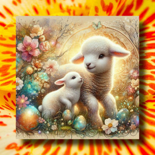 Bunny Lamb Floral Art Nouveau Christian Easter Holiday Card