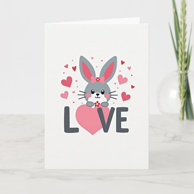 Bunny Love Hearts Valentine Card (Front)