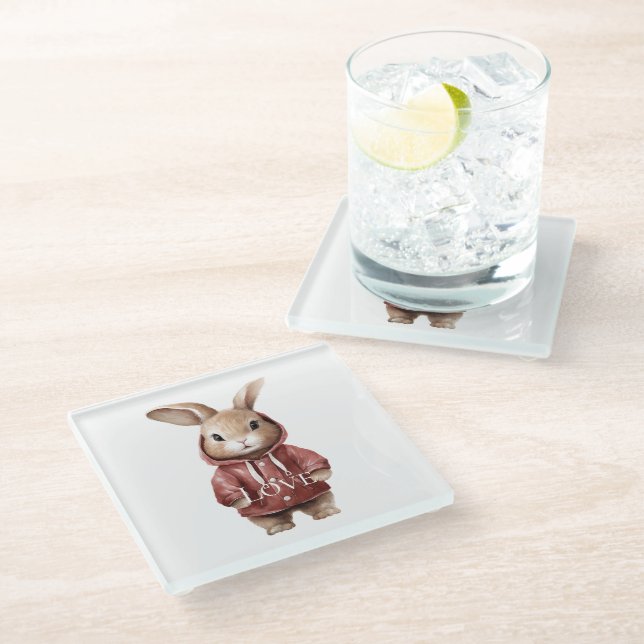 Bunny Love in Red Coat Glass Coaster (Angled)