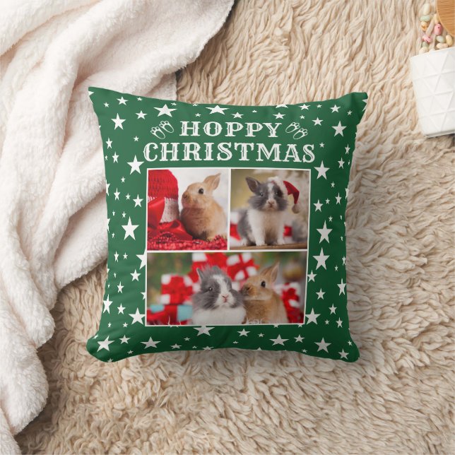 Bunny Lover's Festive Green Three Photo Christmas Cushion (Blanket)
