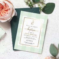 Bunny Mint Gingham Baptism Gold Foil Invitation