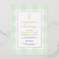 Bunny Mint Gingham Christening Foil Invitation