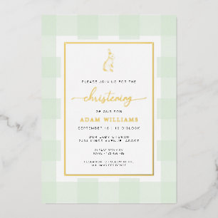 Bunny Mint Gingham Christening Foil Invitation