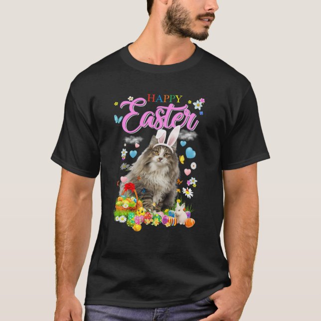Bunny Norwegian Forest Cat Happy Easter Eggs T-Shirt (Front)