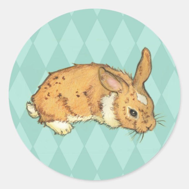 Bunny on aqua diamonds background classic round sticker (Front)