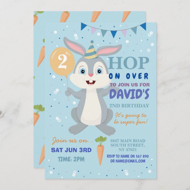 Bunny Party Birthday Rabbit Boys Blue Easter  Invitation (Front/Back)