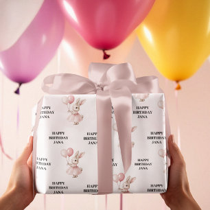 Bunny Pastel Pink Birthday Cute Happy Birthday Wrapping Paper