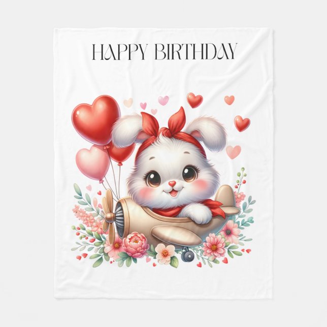 Bunny Pilot Birthday Fleece Blanket (Front)