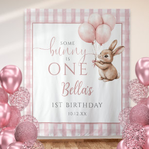 Bunny Pink Balloons 1st Birthday Backdrop Tapestry