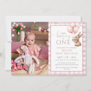 Bunny Pink Balloons Photo 1st Birthday Party Invitation