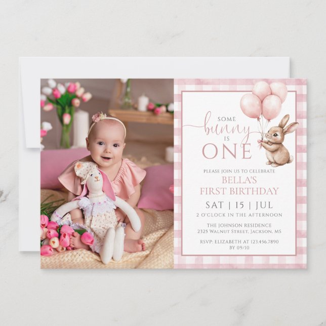 Bunny Pink Balloons Photo 1st Birthday Party Invitation (Front)