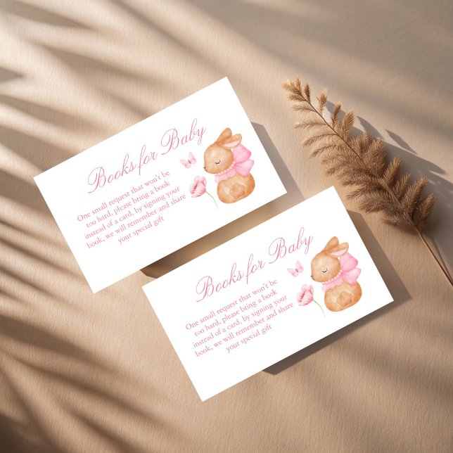 Bunny pink bow baby shower book request enclosure card (Bunny pink bow baby shower book request enclosure cards  cute bunny books for baby cards)