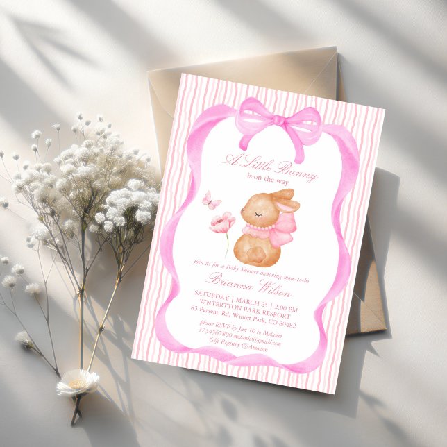 Bunny pink bow baby shower invitation (Cute Bunny pink bow border girls baby shower invitation template instant download)
