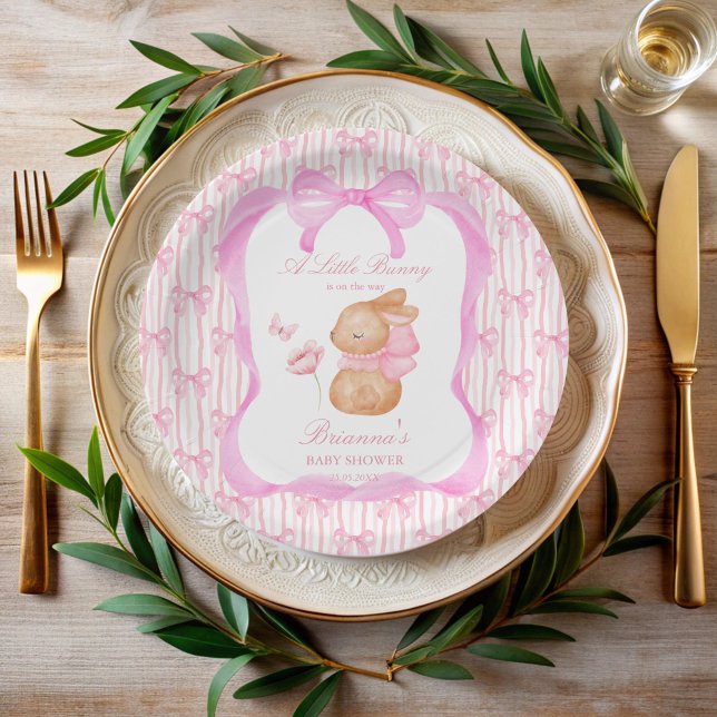 Bunny pink bow baby shower monogrammed paper plate (Bunny pink bow baby shower monogrammed paper plates personalized table decor printed paper plates)