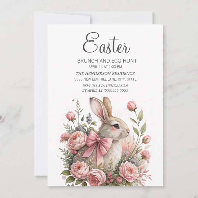 Bunny Pink Bow Easter Brunch Egg Hunt Invitation (Front)