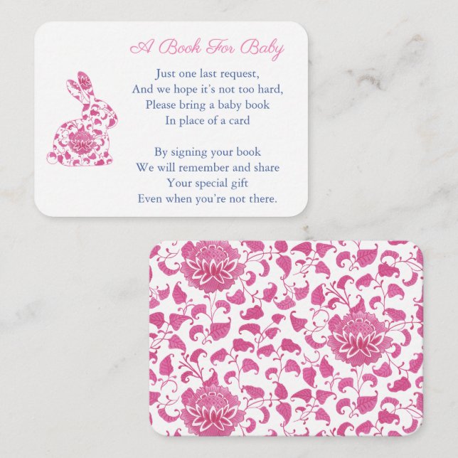 Bunny Pink Chinoserie Books For Baby Girl Shower Enclosure Card (Front/Back)