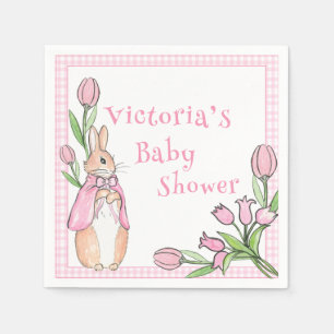 Bunny Pink White Plaid Baby Shower Napkin