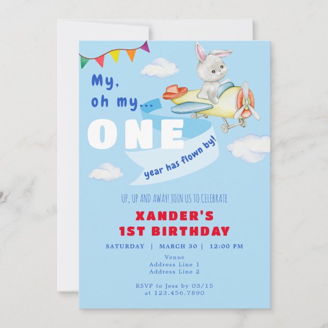 Bunny Plane Pilot ONE Year Flown by 1st Birthday Invitation (Front)