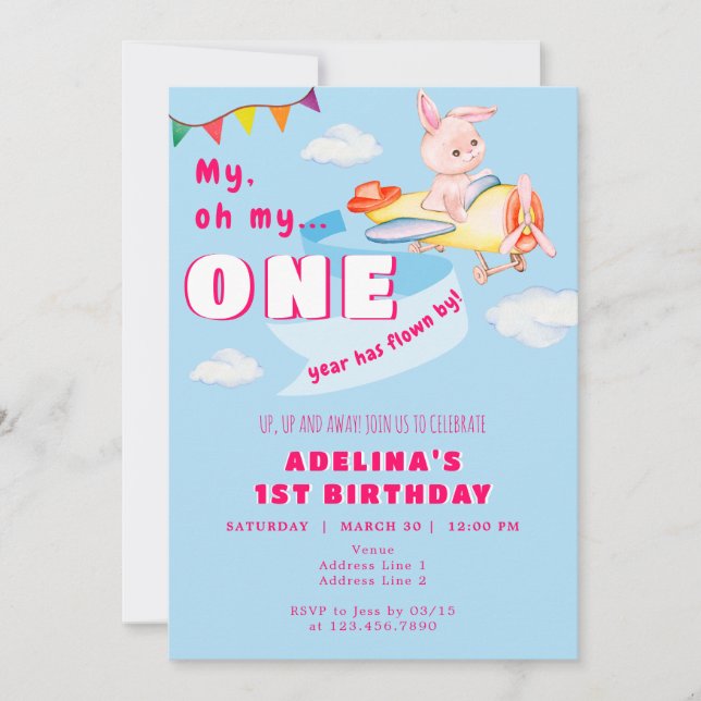 Bunny Plane Pilot ONE Year Flown by 1st Birthday Invitation (Front)
