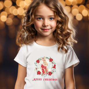 Bunny Poinsettia Watercolor Girl Christmas T-Shirt