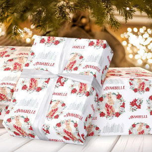 Bunny Poinsettia Watercolor Name Christmas Wrapping Paper
