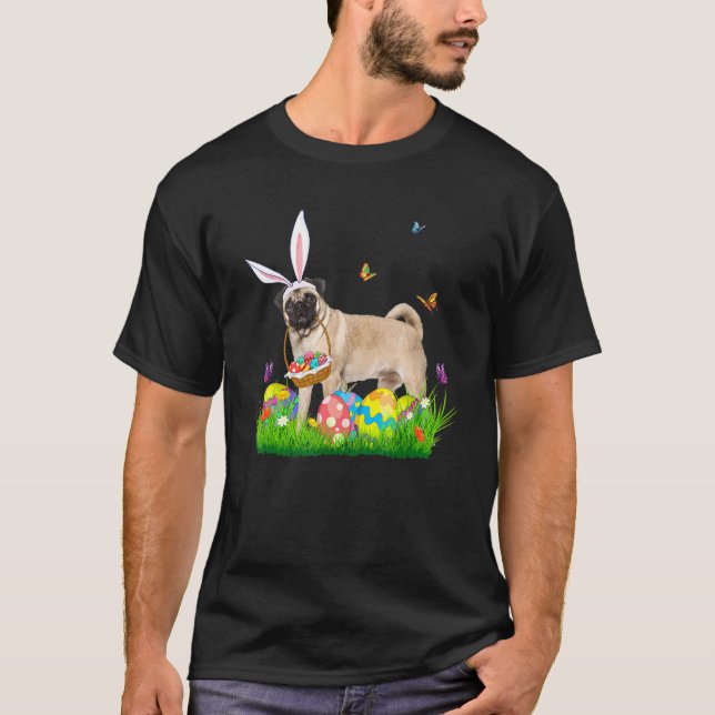 Bunny Pug With Egg Basket Easter Hunting Egg 1 T-Shirt (Front)