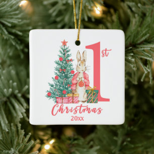 Bunny Rabbit 1st First Christmas Pink Holiday Ceramic Ornament