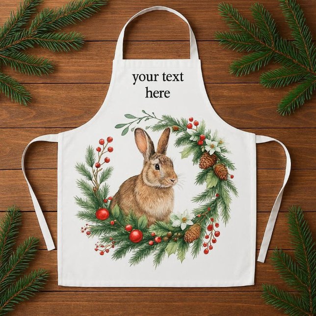 Bunny Rabbit and Christmas Wreath  Apron (Consider personalizing this Christmas rabbit and wreath apron; it makes for a thoughtful gift)