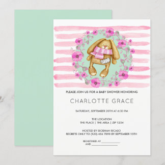 Bunny Rabbit And Pink Flowers Baby Shower Invitation
