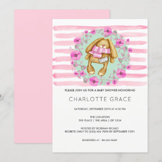 Bunny Rabbit And Pink Flowers Baby Shower Invitation