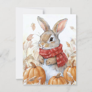 Bunny Rabbit Autumn Pumpkin Illustration Postcard