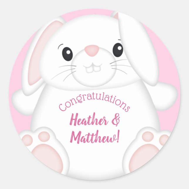 Bunny Rabbit Baby Shower Pink Classic Round Sticker (Front)