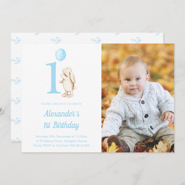 Bunny Rabbit & Balloon Blue 1st Birthday Photo Invitation (Front/Back)
