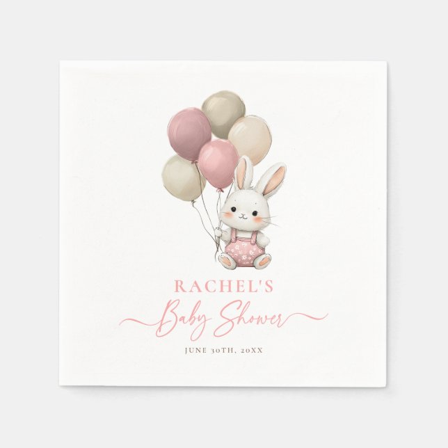 Bunny Rabbit Balloon Pink Baby Girl Shower Napkin (Front)