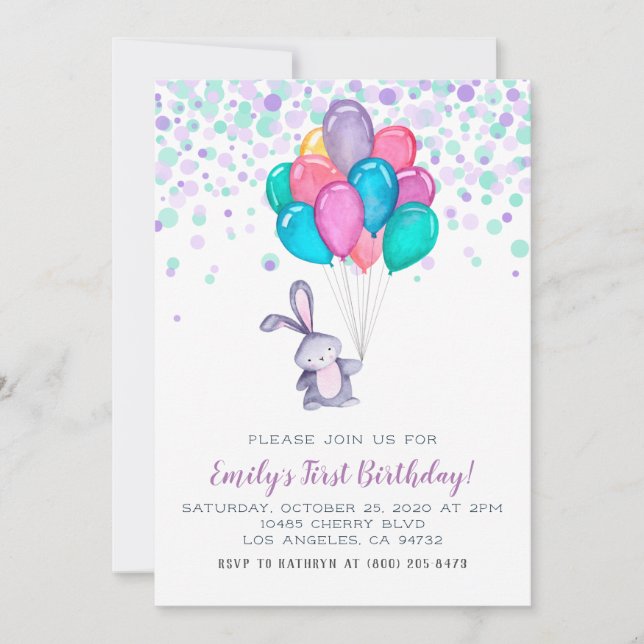 Bunny Rabbit Balloons Birthday Invitation (Front)