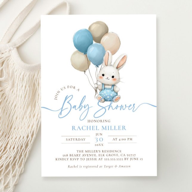 Bunny Rabbit Balloons Blue Boy Baby Shower Invitation (Creator Uploaded)