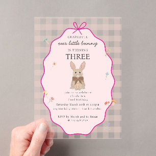 Bunny Rabbit Birthday Party Floral Pink Girl Plaid Acrylic Invitations