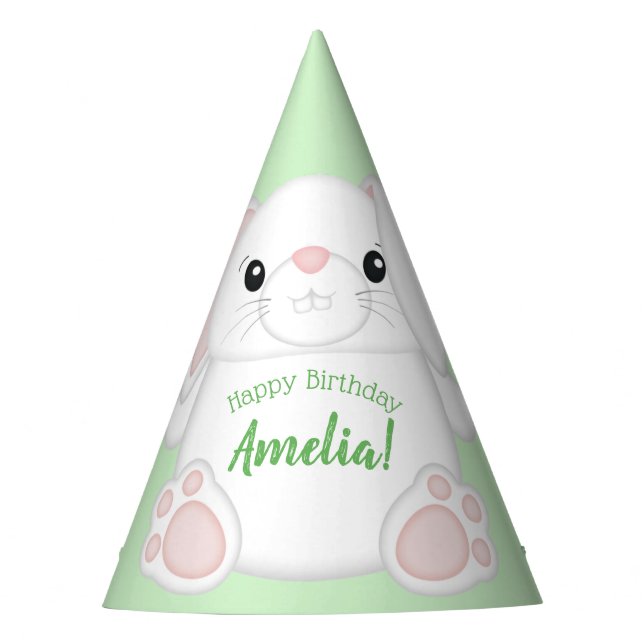 Bunny Rabbit Birthday Party Green Party Hat (Front)