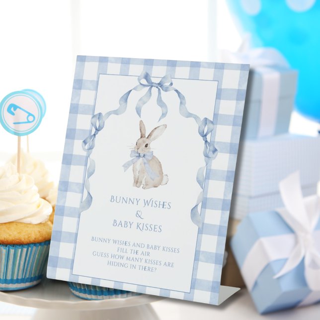 Bunny Rabbit Blue Baby Shower Guessing Jar Pedestal Sign (Creator Uploaded)