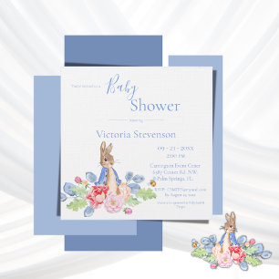 Bunny Rabbit Blue Floral Baby Shower Invitation