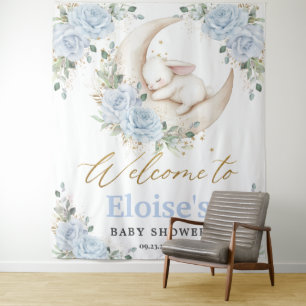Bunny Rabbit Blue Floral Moon Baby Shower Welcome  Tapestry