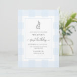 Bunny Rabbit Blue Gingham 1st Birthday Invitation<br><div class="desc">Celebrate your son's first birthday with this classic gingham boy baby shower invitation. The design features a timeless gingham design and a hand-drawn rabbit. The script "first birthday" heading is an image that cannot be edited. The heading image can be resized to fit any invitation size. All of the other...</div>