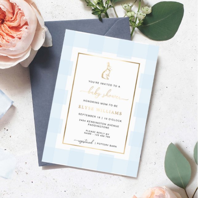 Bunny Rabbit Blue Gingham Baby Shower Foil Invite (Blue Gingham Bunny Rabbit Baby Shower Invitation Gold Foil)