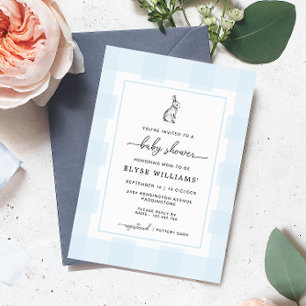 Bunny Rabbit Blue Gingham Baby Shower Invitation