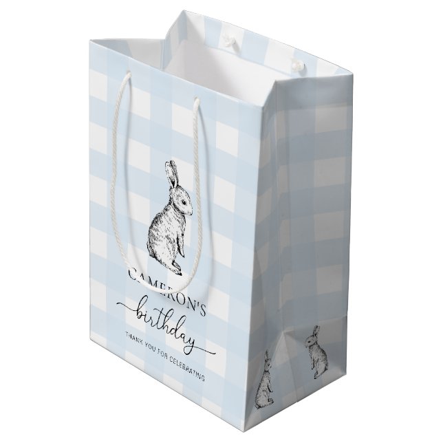 Bunny Rabbit Blue Gingham Favour Bag (Back Angled)